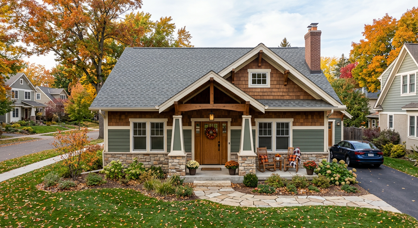 Grey shingle roof on craftsman-style home